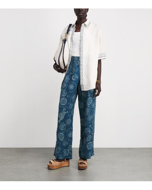ALÉMAIS Blue Linen Printed Lucky Trousers