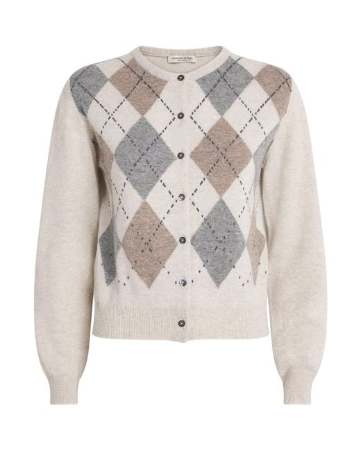 Johnstons White Cashmere Argyle Clan Cardigan