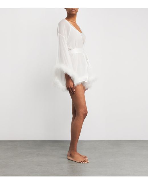 Gilda & Pearl White Silk Feather-Trim Sheer Diana Short Robe