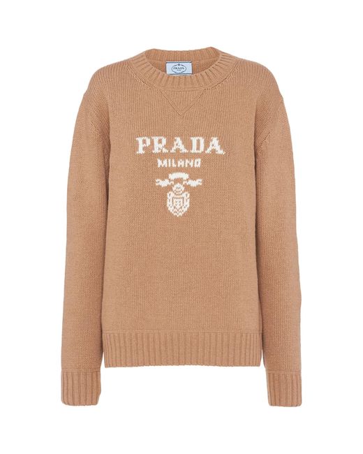 Prada Natural Cashmere And Wool Logo Crew-Neck Sweater