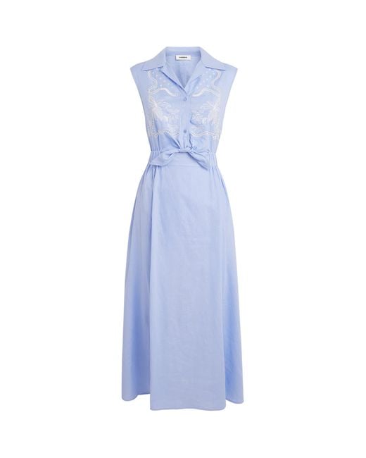 Sandro Blue Linen-Blend Embroidered Maxi Dress