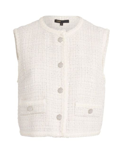 Maje White Tweed Sleeveless Jacket