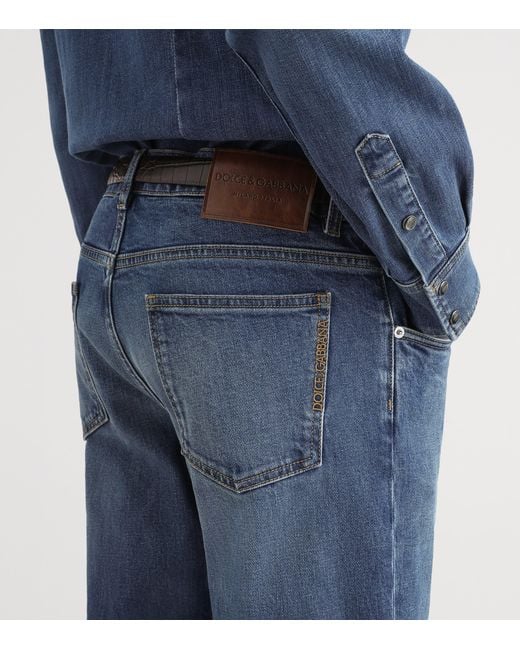 Dolce & Gabbana Blue Slim-Fit Leather Patch Jeans for men