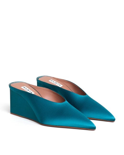 Alaïa Blue Satin Cube Wedge Mules 75