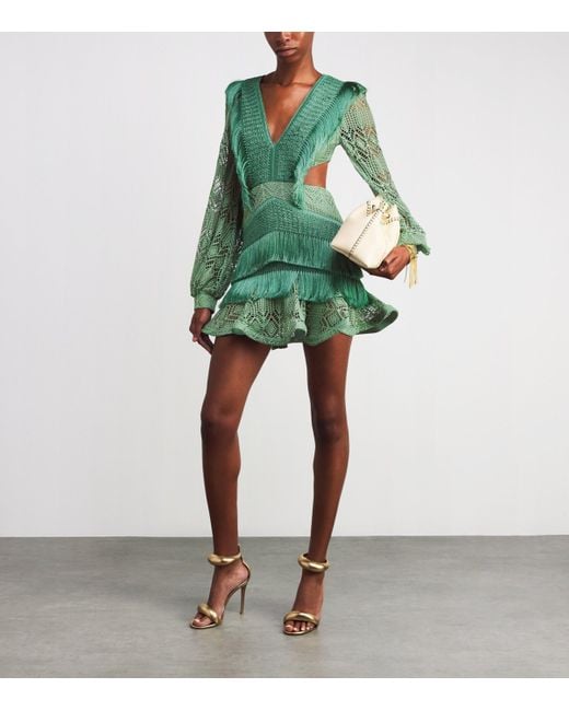 PATBO Green Crochet Fringe-Trim Samba Mini Dress
