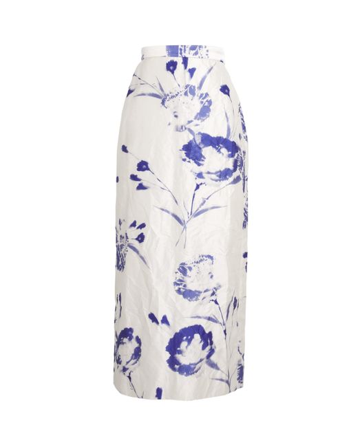 Erdem White Satin Floral Midi Skirt