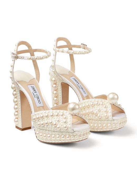 Jimmy Choo White Sacaria 120 Pearl-Embellished Satin Platform Sandals