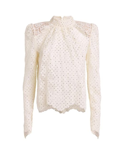 Self-Portrait White Lace Rhinestone-Embellished Top