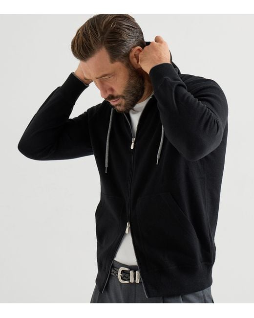 Brunello Cucinelli Black Cashmere Zip-Up Hoodie for men
