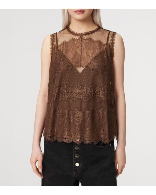 AllSaints Brown Tulle Lace-Trimmed Clara Blouse