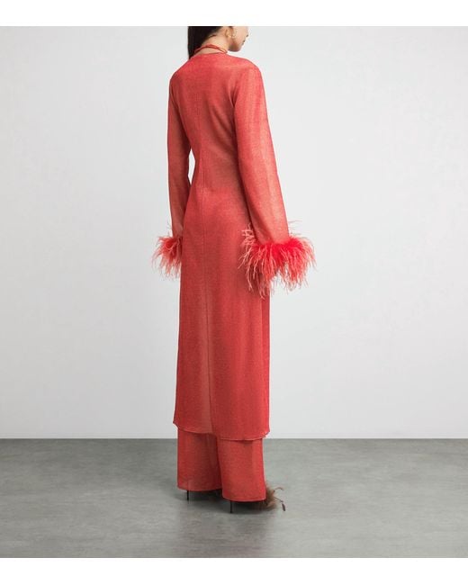 Oseree Red Feather-Trim Maxi Kaftan Dress