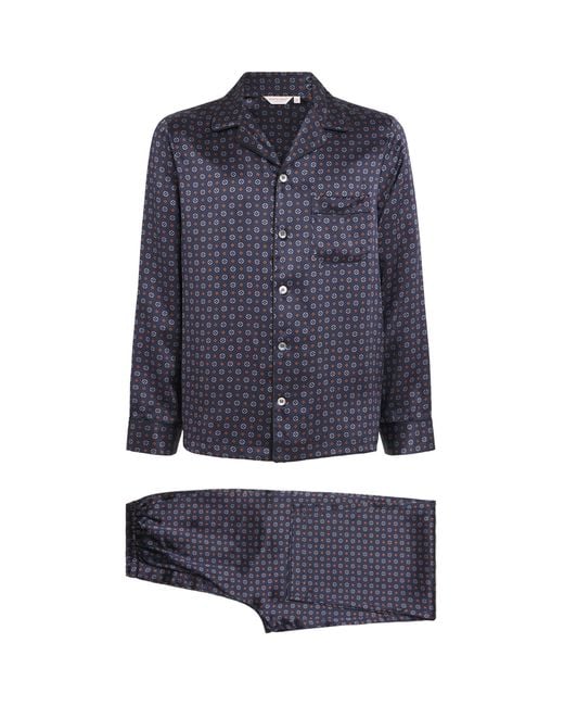 Derek Rose Blue Silk Geometric Brindisi Pyjama Set for men