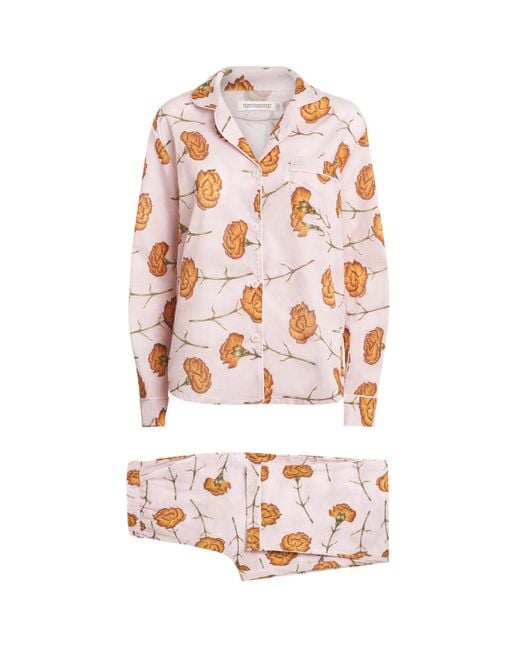 Desmond & Dempsey White Cotton Carnations Pyjama Set