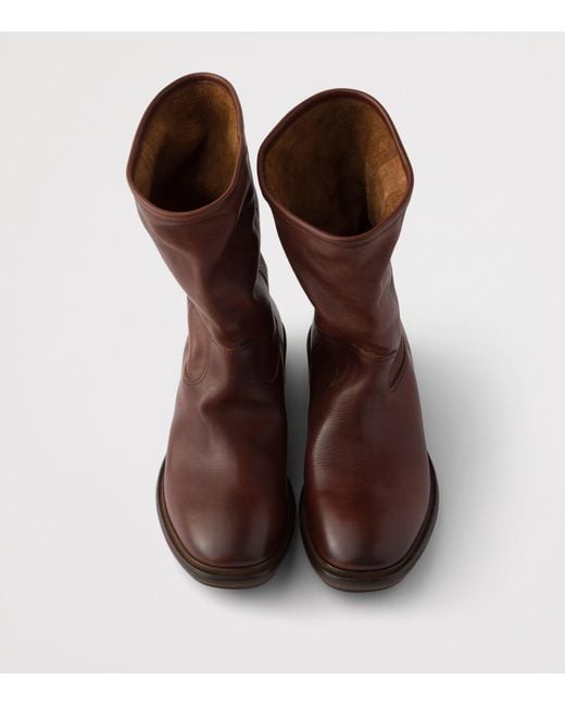 Prada Brown Leather Vintage-Effect Mid-Calf Boots 30