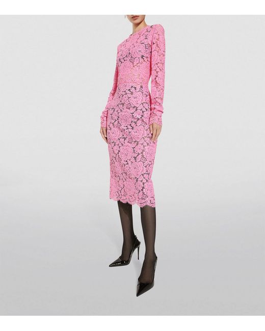 Dolce & Gabbana Pink Lace Floral Midi Dress