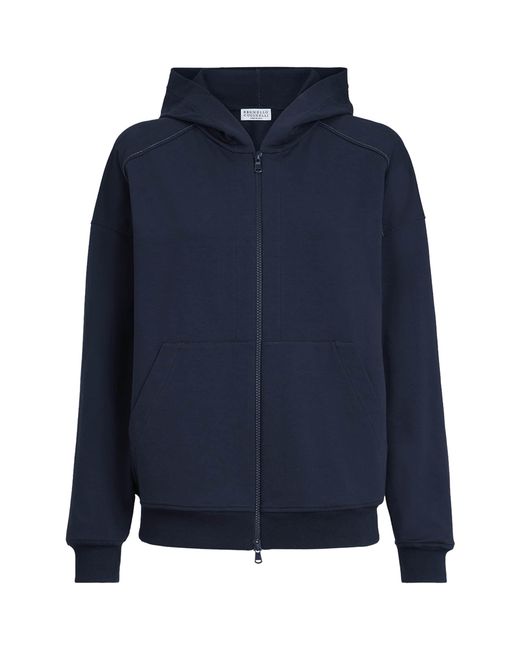 Brunello Cucinelli Blue Stretch-Cotton Embellished Hoodie