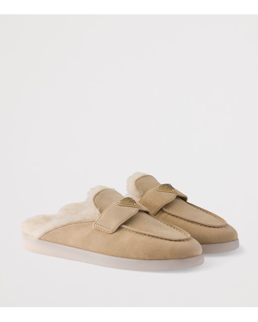 Prada Natural Suede Shearling-Lined Mules