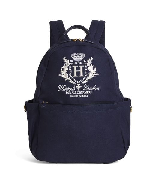Harrods Blue Cotton Embroidered Emblem Backpack