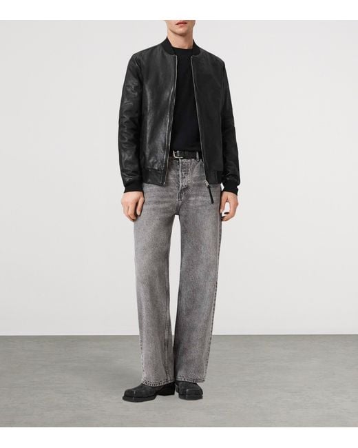 AllSaints Black Leather Morten Bomber Jacket for men