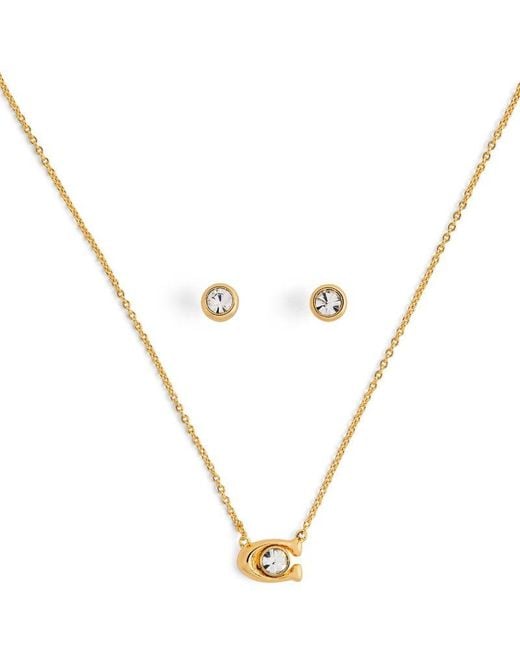 COACH Metallic Crystal Signature Necklace And Earrings Set