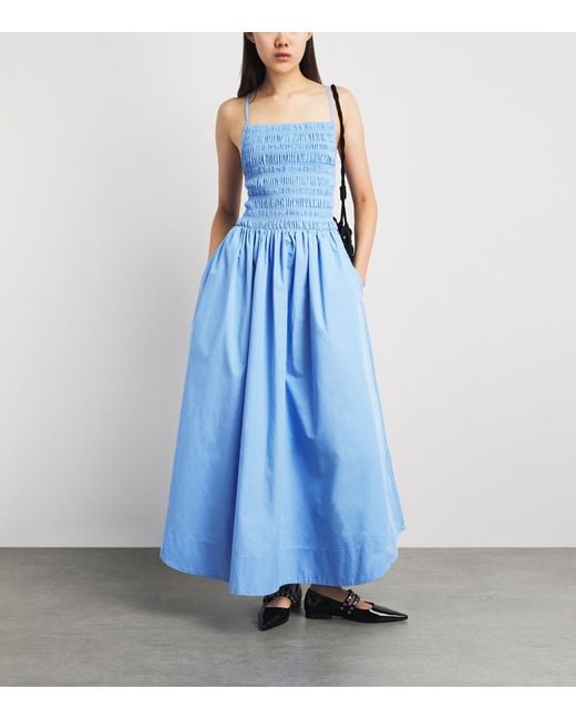 Ganni Blue Organic Cotton Shirred Maxi Dress