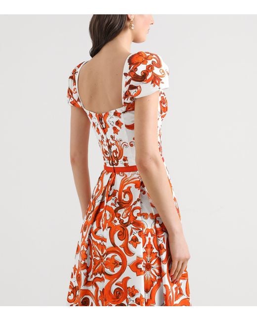Dolce & Gabbana Red Cotton Majolica Print Midi Dress