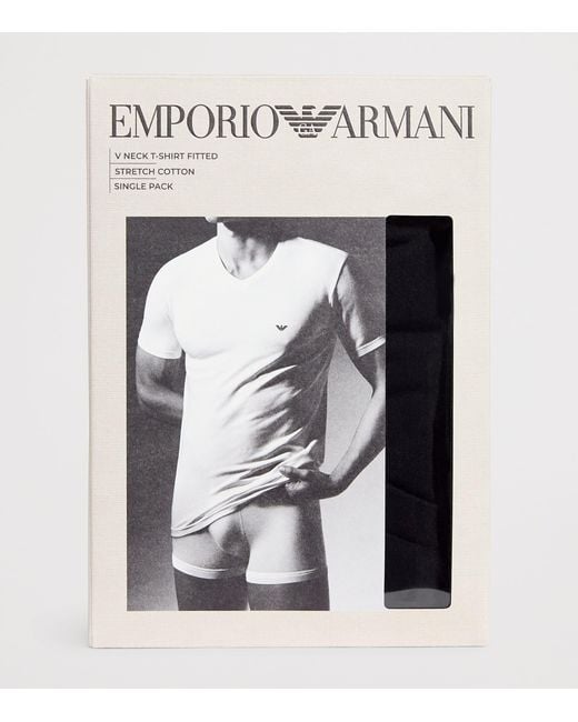 Emporio Armani Black Stretch-Cotton Eagle Logo V-Neck T-Shirt for men