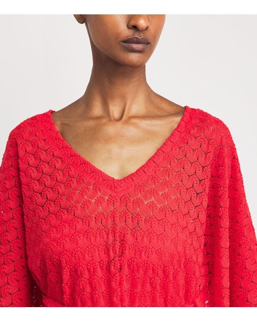 Melissa Odabash Red Crochet Tie-Waist Petra Kaftan