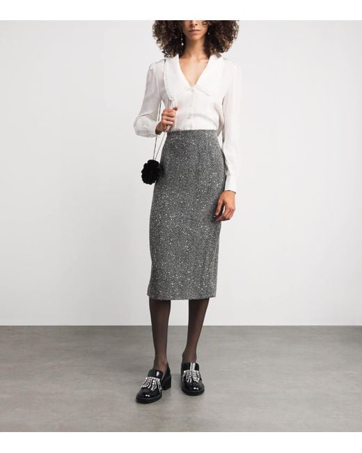 Alessandra Rich Gray Tweed Embellished Midi Pencil Skirt