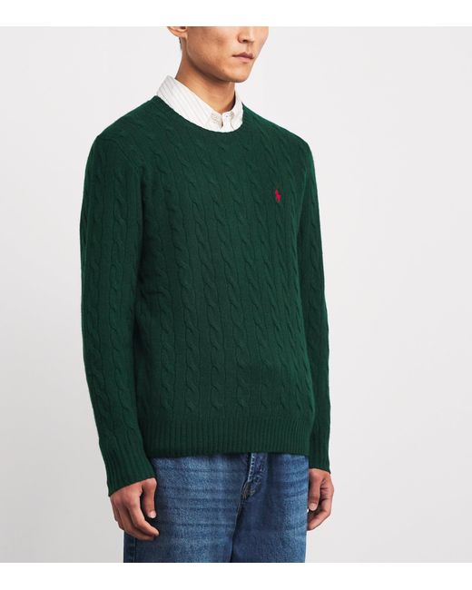 Polo Ralph Lauren Green Wool-Cashmere Cable-Knit Polo Pony Sweater for men