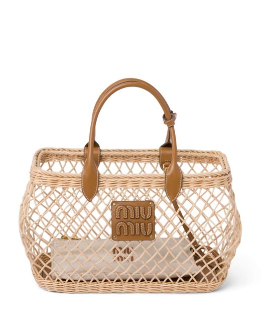Miu Miu Metallic Woven Raffia Tote Bag