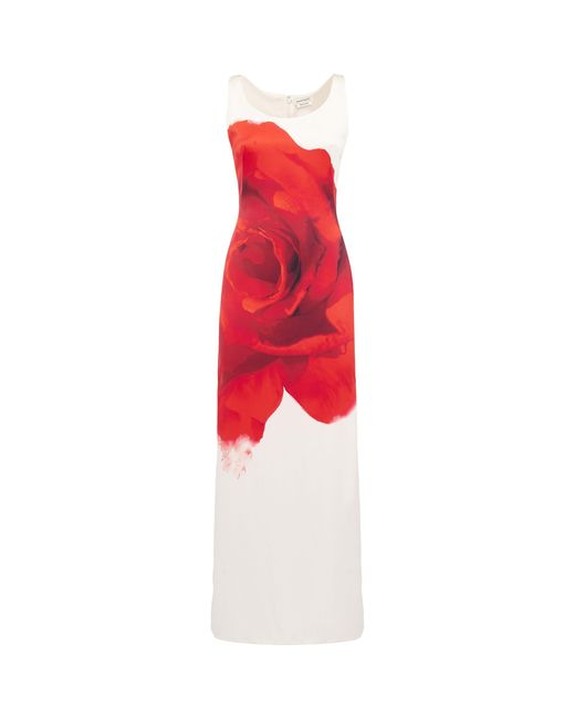 Alexander McQueen Red Silk Bleeding Rose Midi Dress