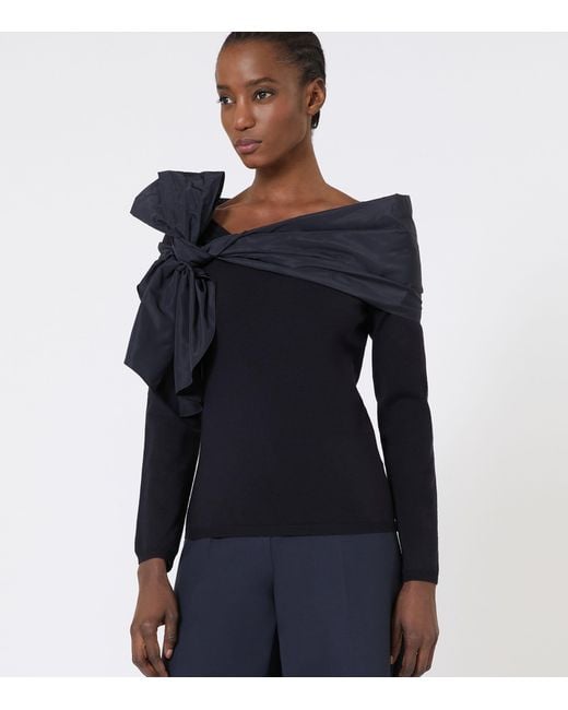 Max Mara Black Wool-Blend Bow-Detail Top