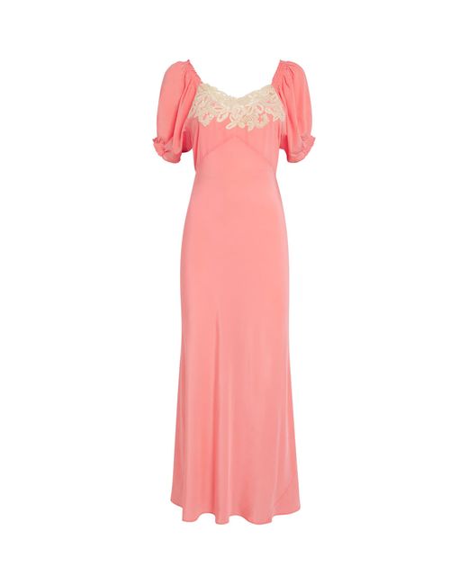 Rixo Pink Silk Lace-Trim Midi Dress