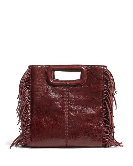 Maje Red Cracked Leather Fringed M Bag
