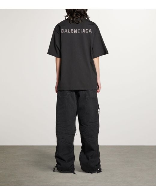 Balenciaga Black Distressed Rhinestone-Logo T-Shirt