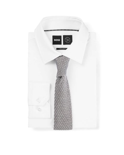 Boss White Silk Knitted Straight Tie for men