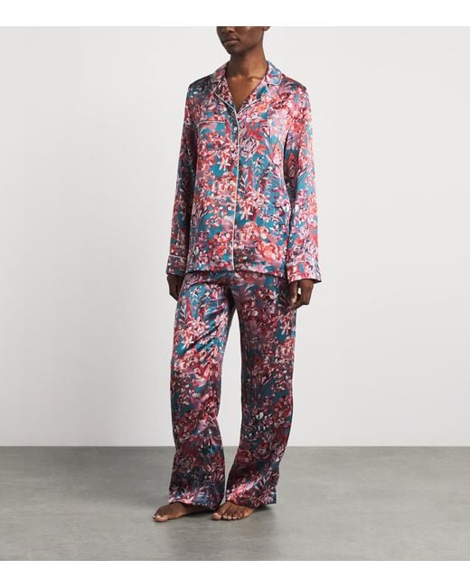 Derek Rose White Silk Floral Long Pyjama Set