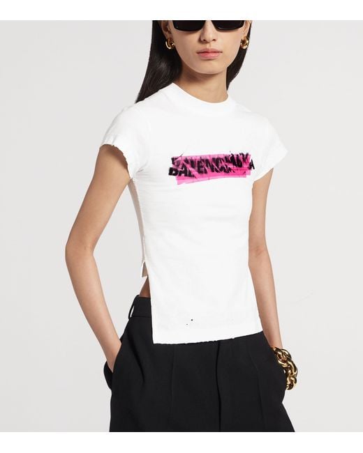 Balenciaga White Cotton Spray-Logo Chopped T-Shirt