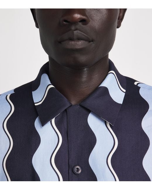 Sandro Blue Linen-Blend Waves Print Shirt for men