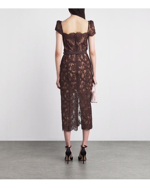 Self-Portrait Brown Lace Floral Midi Dress