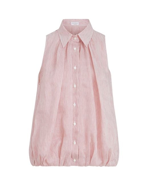 Brunello Cucinelli Pink Linen-Silk Stripe Sleeveless Shirt