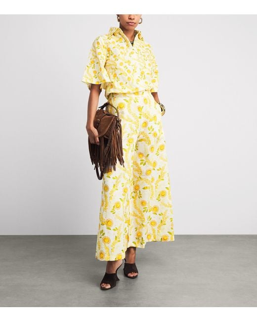 VERANDAH Yellow Linen-Cotton Floral Wide-Leg Trousers