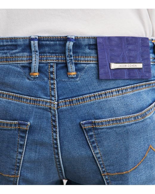 Jacob Cohen Blue Crocodile Leather Patch Straight Jeans for men