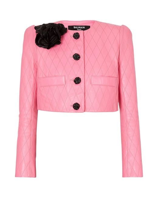 Balmain Pink Leather Embellished Cropped Jacket