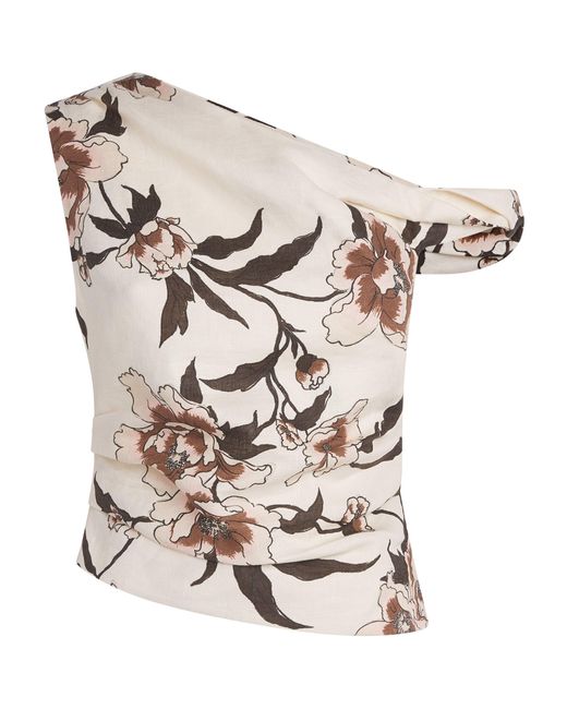 Sir White Linen One-Shoulder Peony Top