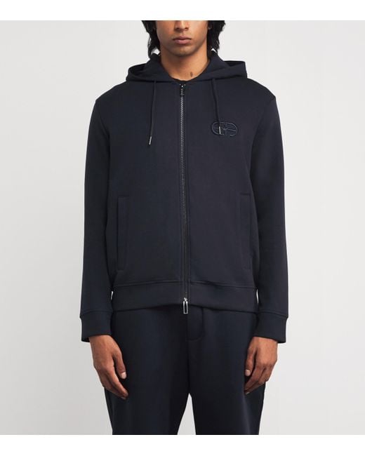 Emporio Armani Blue Double-Jersey Zip-Up Hoodie for men