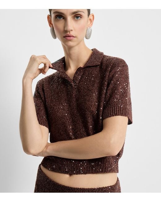 Brunello Cucinelli Brown Sequin Collared Top