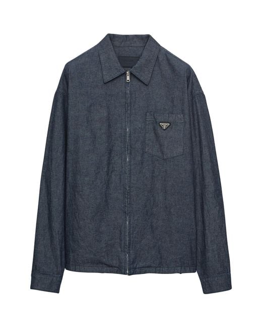 Prada Blue Cotton Chambray Zipped Shirt for men