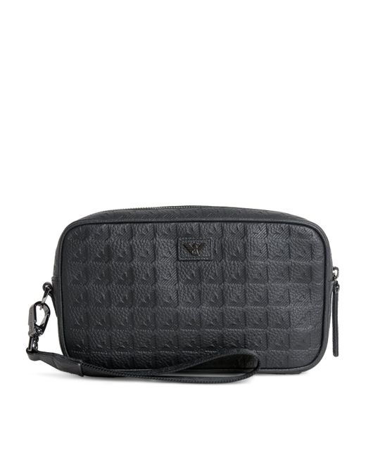Emporio Armani Black Leather Monogram Wash Bag for men